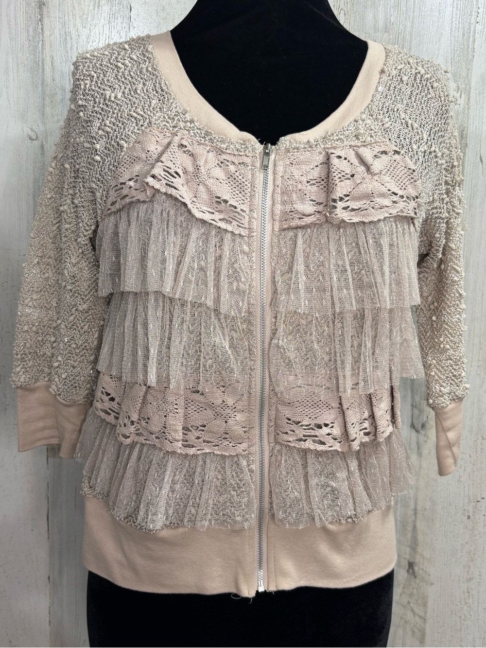 BKE Gimmicks Cream Ruffle Front Zip Closure Cardigan Sweater